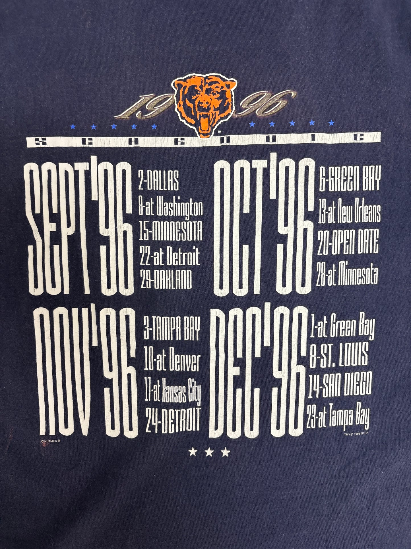 Chicago Bears 1996 Schedule Graphic Tee | Size Large | Vintage 1990s NFL Football Blue T-Shirt |