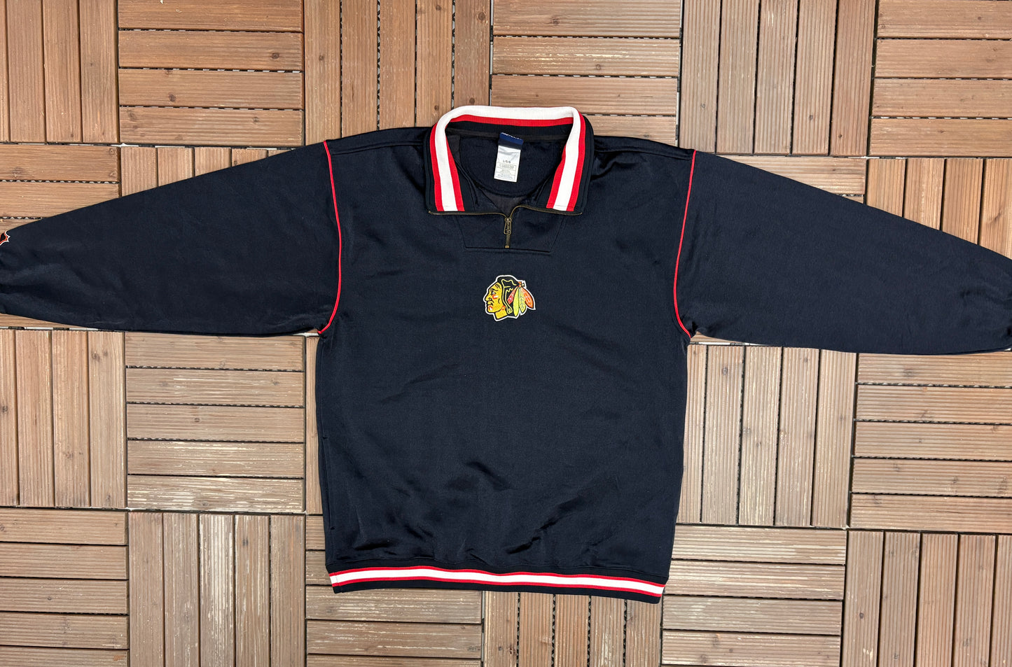 Chicago Blackhawks Stitched Graphic Sweater | Size Large | Vintage 1990s NHL Hockey Black Sweater |