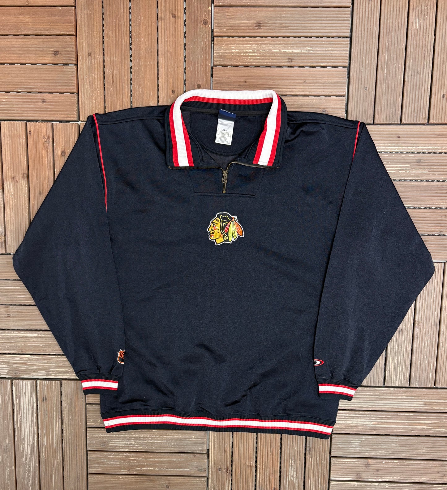Chicago Blackhawks Stitched Graphic Sweater | Size Large | Vintage 1990s NHL Hockey Black Sweater |