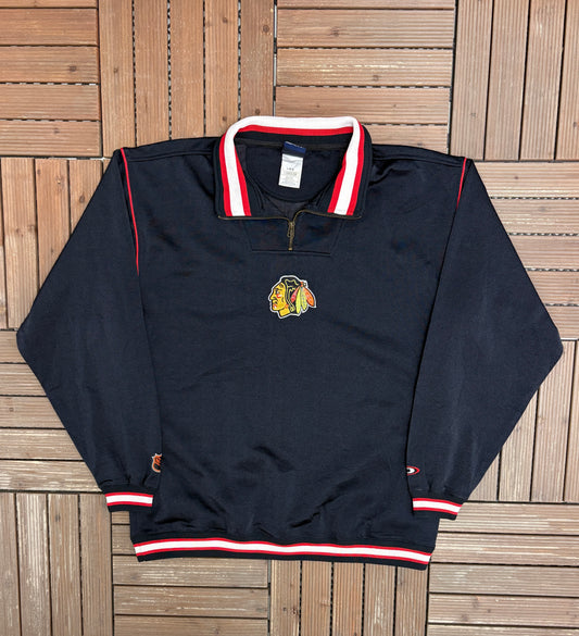 Chicago Blackhawks Stitched Graphic Sweater | Size Large | Vintage 1990s NHL Hockey Black Sweater |