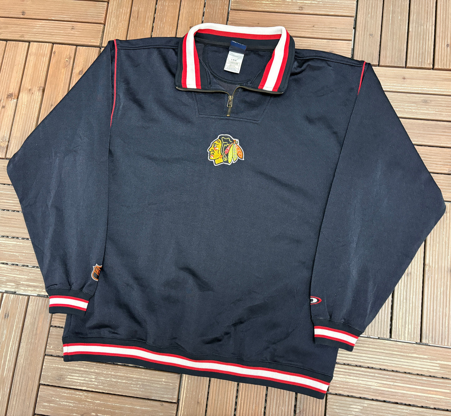 Chicago Blackhawks Stitched Graphic Sweater | Size Large | Vintage 1990s NHL Hockey Black Sweater |