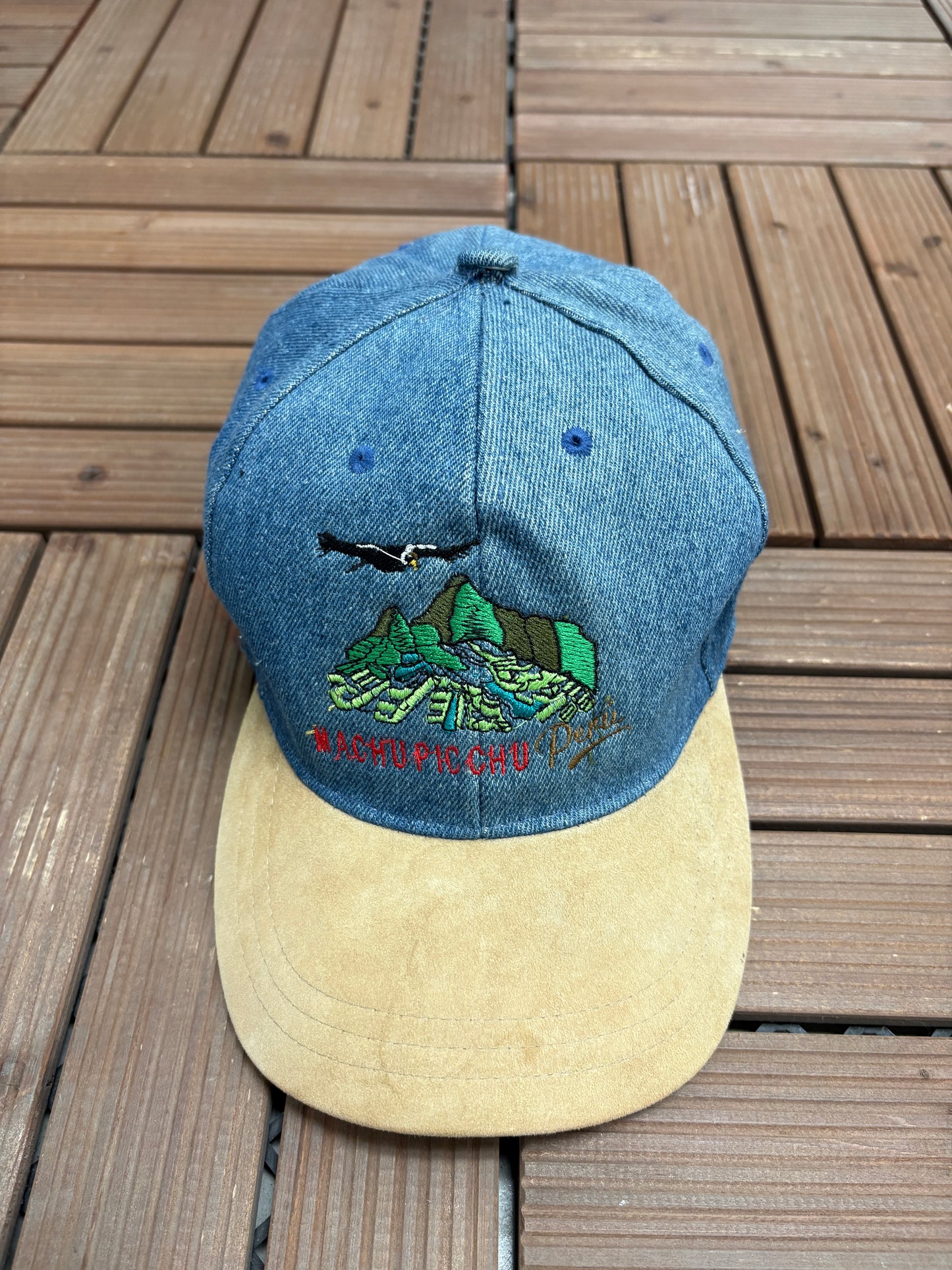 Machu Picchu, Peru Embroidered Graphic Hat | Strap Back | Vintage 2000s Tourist Denim Cap |