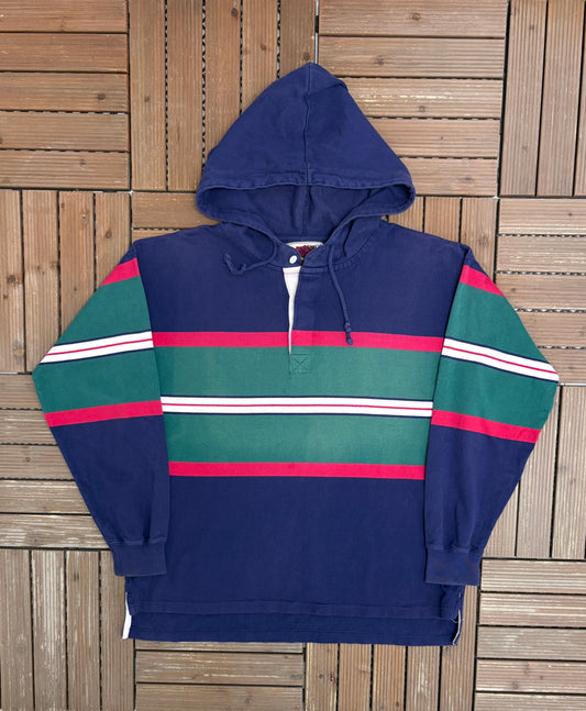 Eddie Bauer Striped Graphic Hoodie | Size Medium | Vintage 1990s Branded Blue Sweater |
