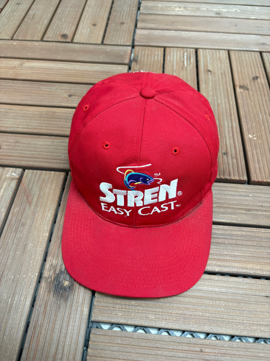 Stren Easy Cast Embroidered Graphic Hat | Adjustable With Snap Back | Vintage 1990s Promotional Fishing Red Cap |
