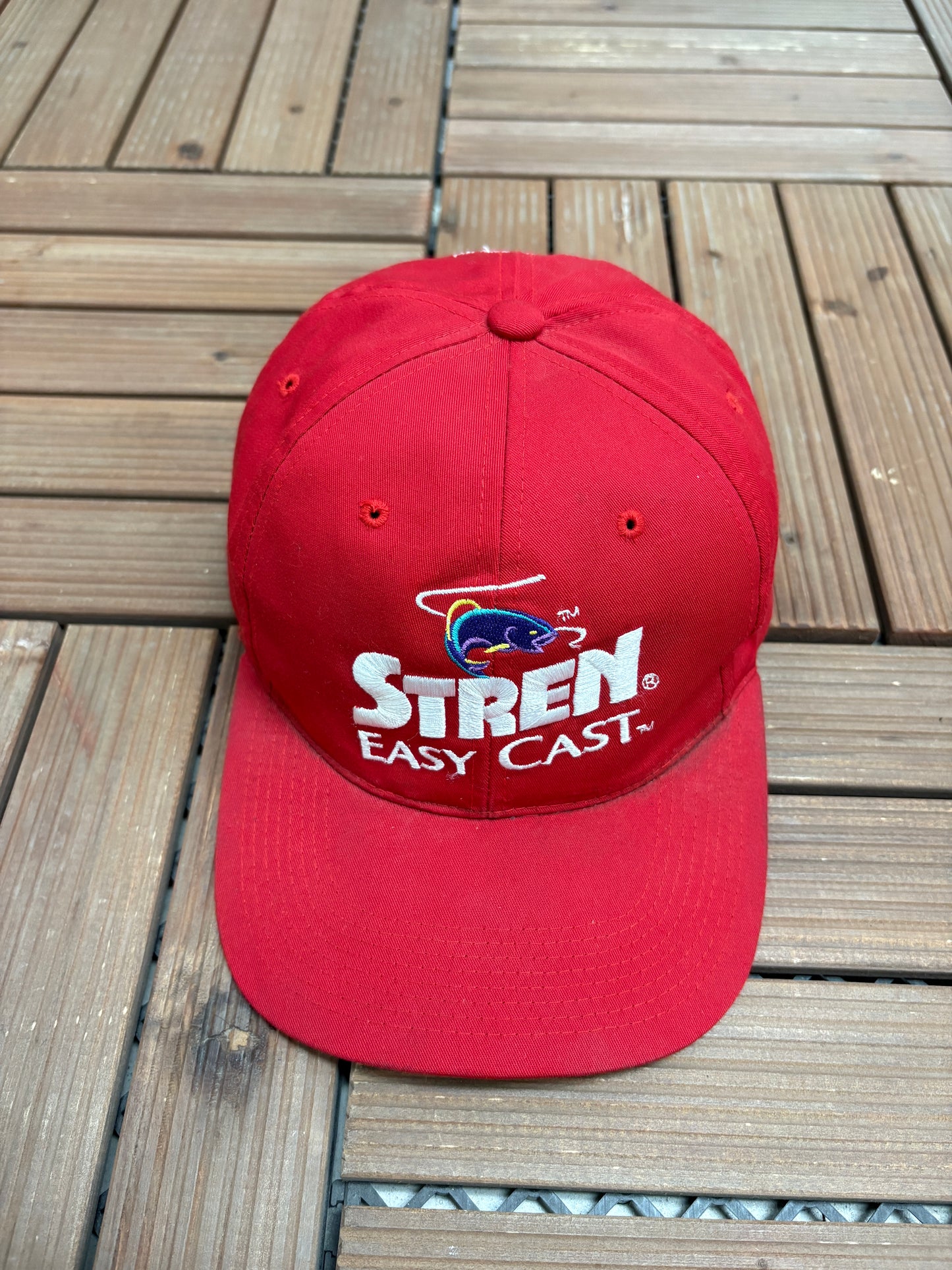 Stren Easy Cast Embroidered Graphic Hat | Adjustable With Snap Back | Vintage 1990s Promotional Fishing Red Cap |