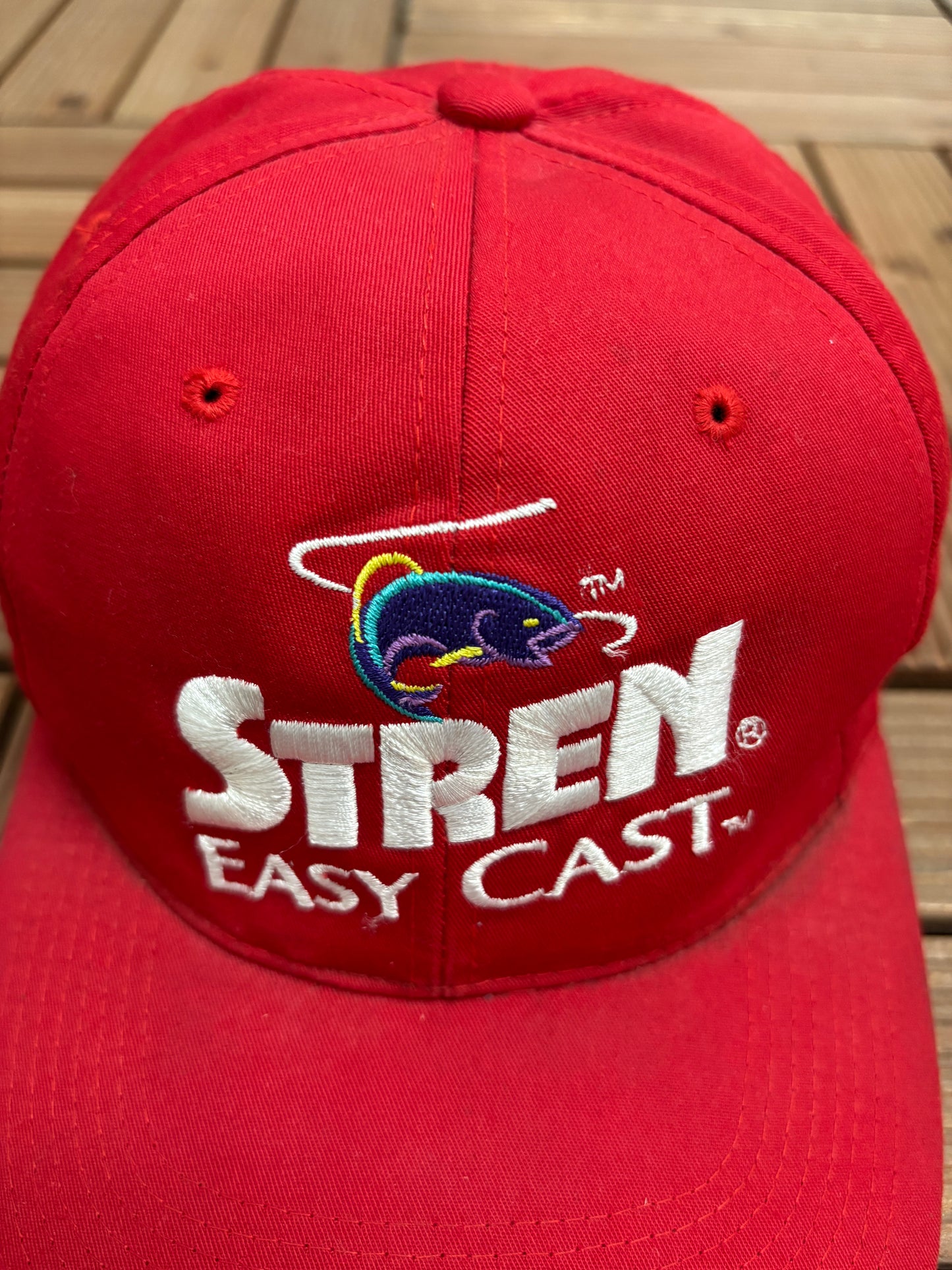 Stren Easy Cast Embroidered Graphic Hat | Adjustable With Snap Back | Vintage 1990s Promotional Fishing Red Cap |