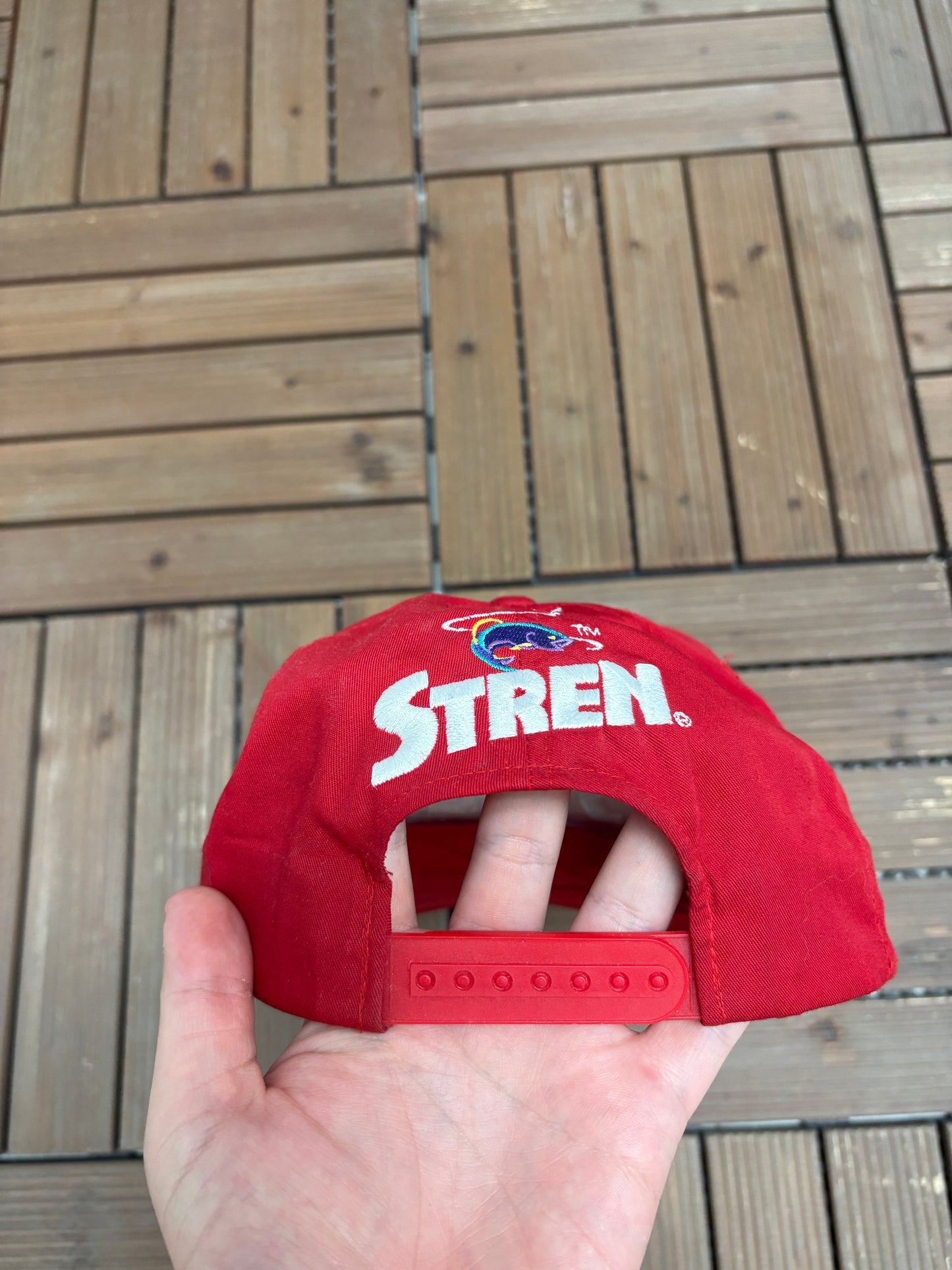 Stren Easy Cast Embroidered Graphic Hat | Adjustable With Snap Back | Vintage 1990s Promotional Fishing Red Cap |