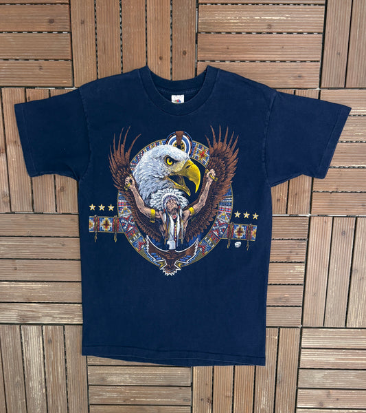Native & Bald Eagle Graphic Tee | Size Large | Vintage 1990s Scenic Blue T-Shirt |