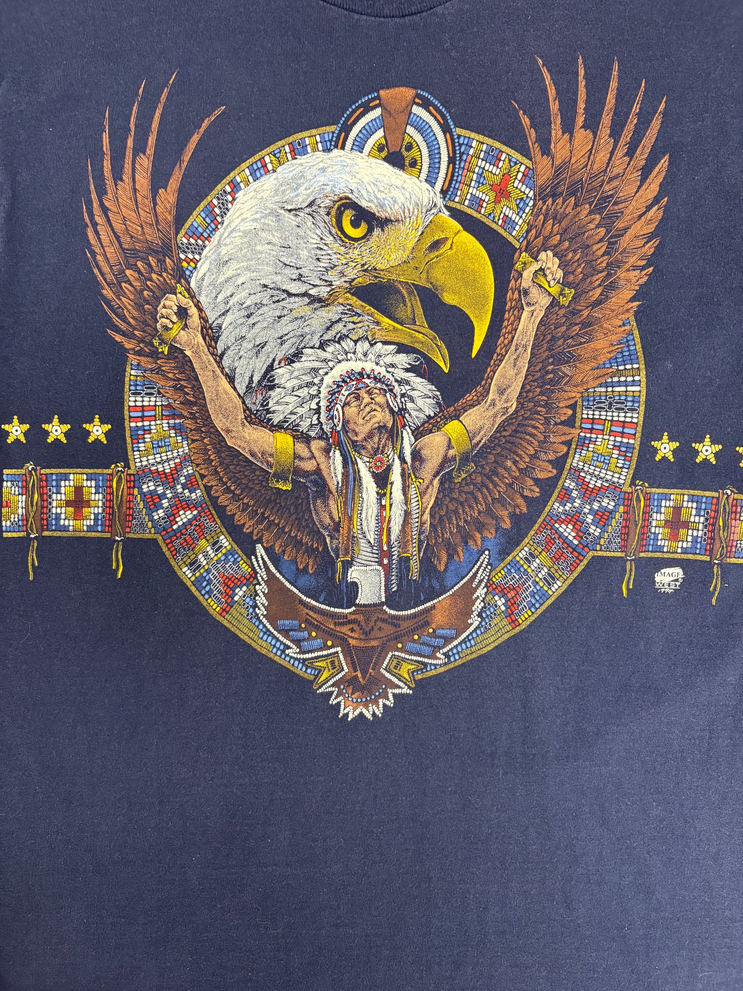 Native & Bald Eagle Graphic Tee | Size Large | Vintage 1990s Scenic Blue T-Shirt |