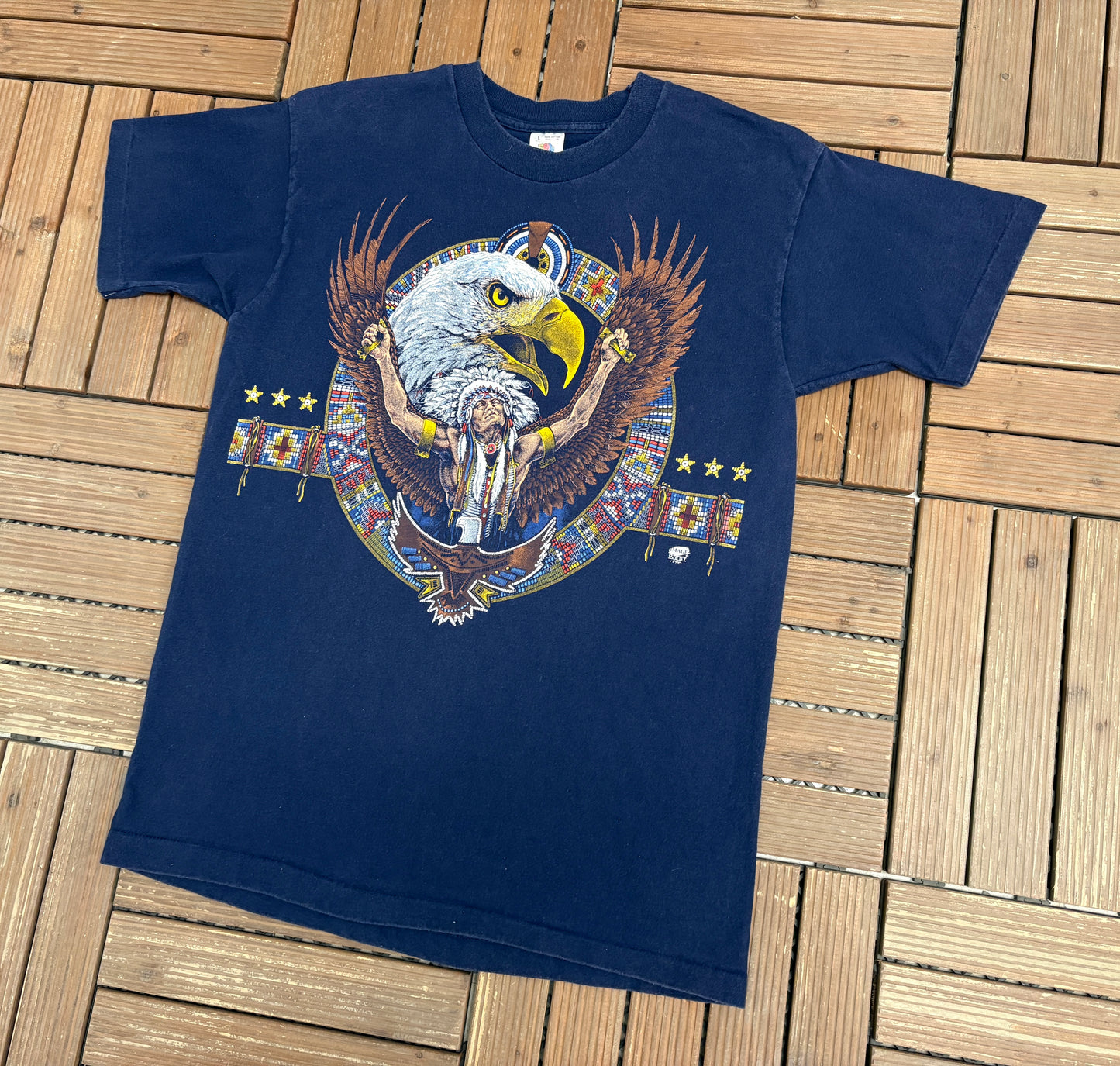 Native & Bald Eagle Graphic Tee | Size Large | Vintage 1990s Scenic Blue T-Shirt |