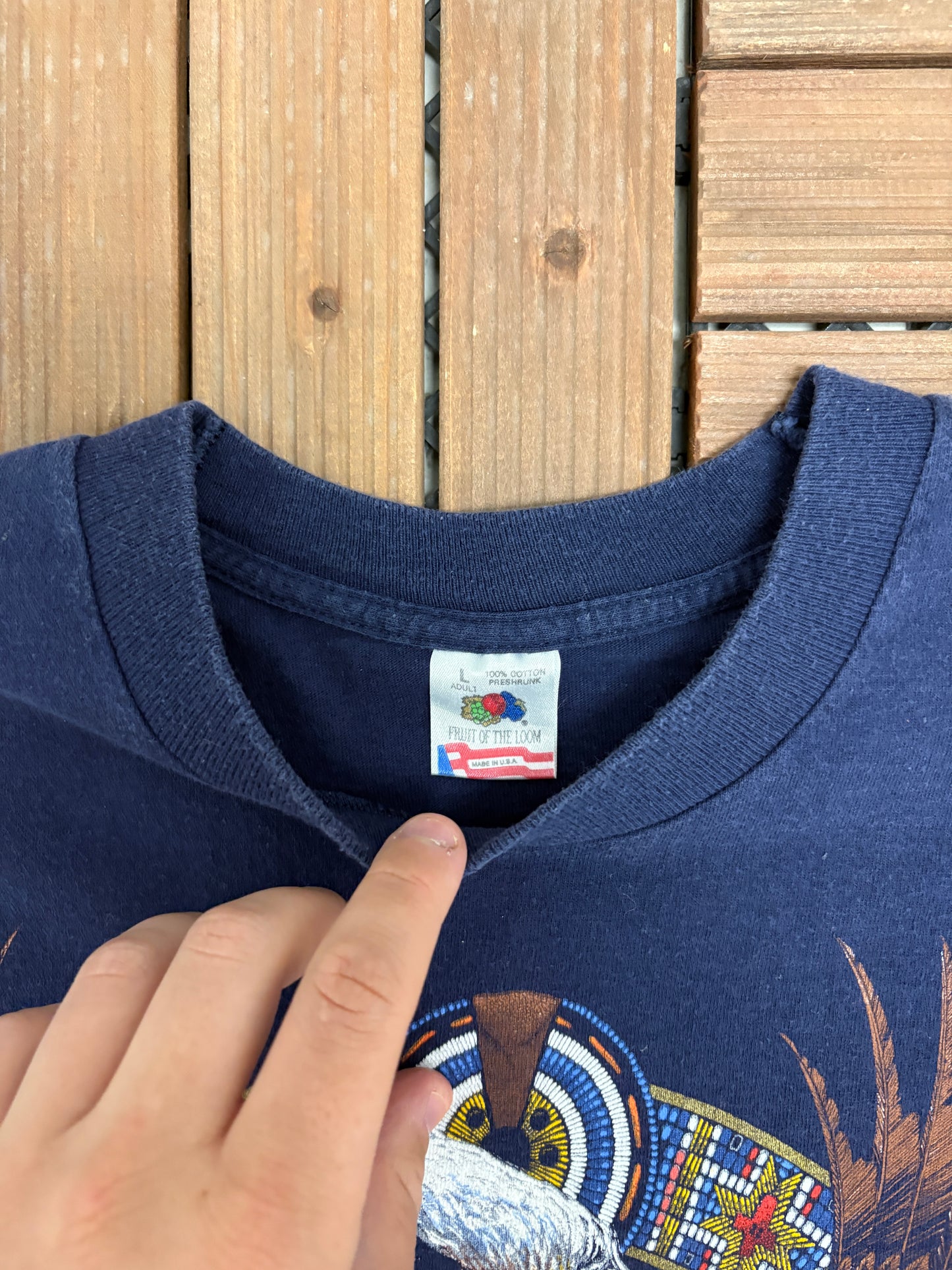 Native & Bald Eagle Graphic Tee | Size Large | Vintage 1990s Scenic Blue T-Shirt |