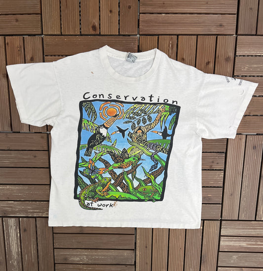 Conservation At Work Graphic Tee | Size Large | Vintage 1990s Scenic Animal White T-Shirt |