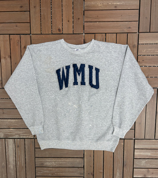 Western Michigan University Broncos Stitched Graphic Crewneck | Size Medium | Vintage 2000s College Grey Sweater |