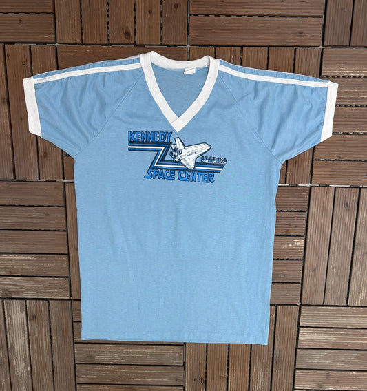 Kennedy Space Center Florida Graphic Tee | Size Large | Vintage 1980s Promotional NASA Blue T-Shirt |
