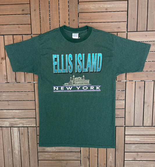 Ellis Island, New York Graphic Tee | Size Large | Vintage 1990s Single Stitch Striped Green T-Shirt |
