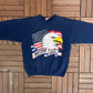 Brat Stop Kenosha, Wisconsin Bald Eagle Graphic Crewneck | Size Medium | Vintage 1990s Promotional Blue Sweater |