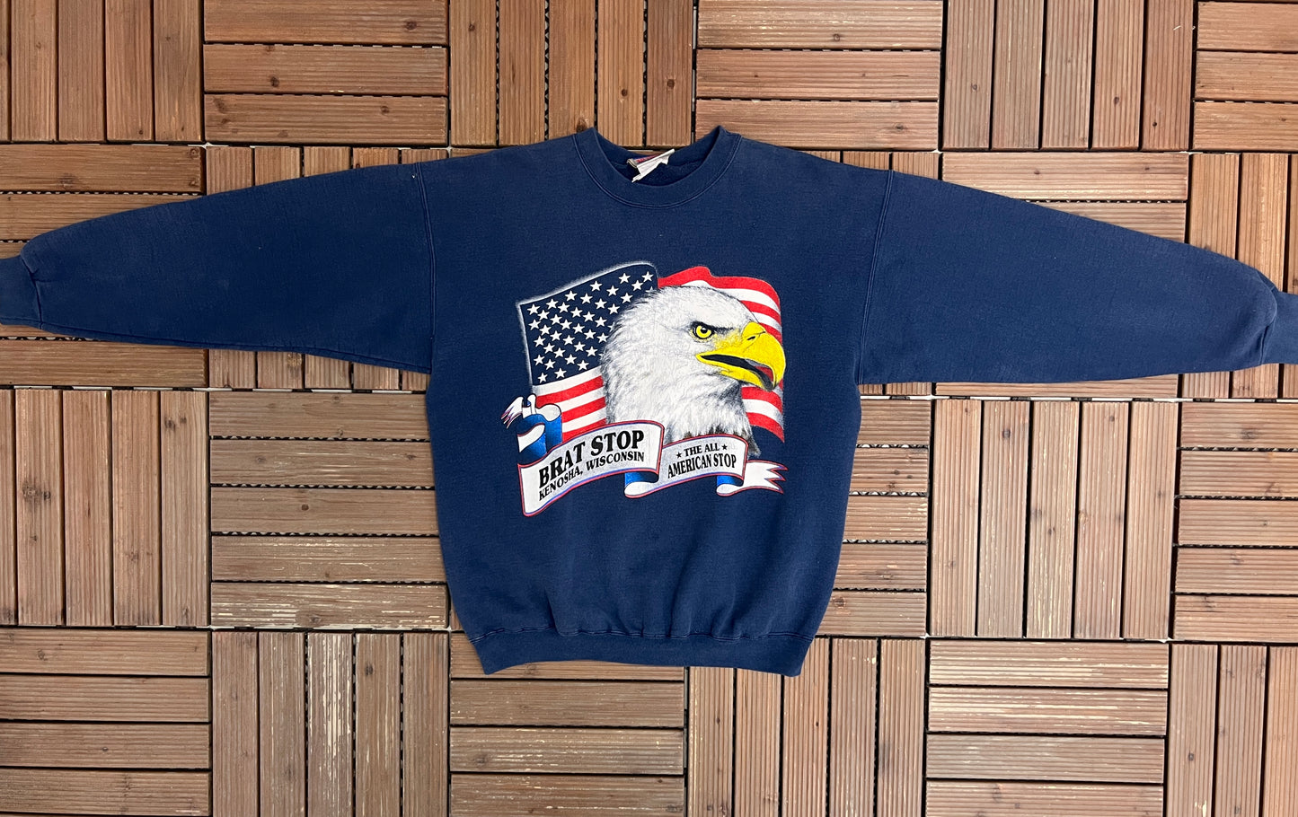 Brat Stop Kenosha, Wisconsin Bald Eagle Graphic Crewneck | Size Medium | Vintage 1990s Promotional Blue Sweater |