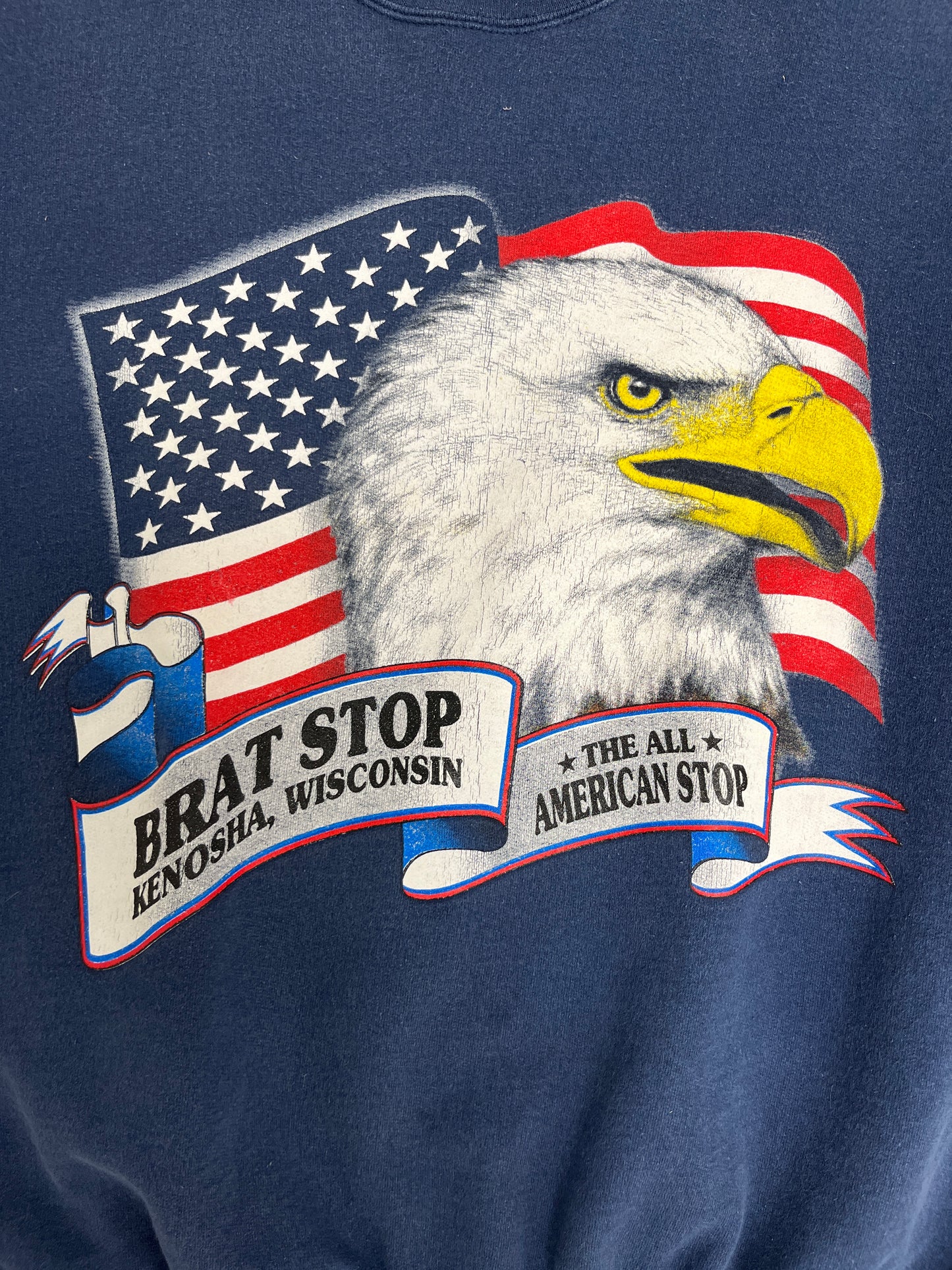 Brat Stop Kenosha, Wisconsin Bald Eagle Graphic Crewneck | Size Medium | Vintage 1990s Promotional Blue Sweater |