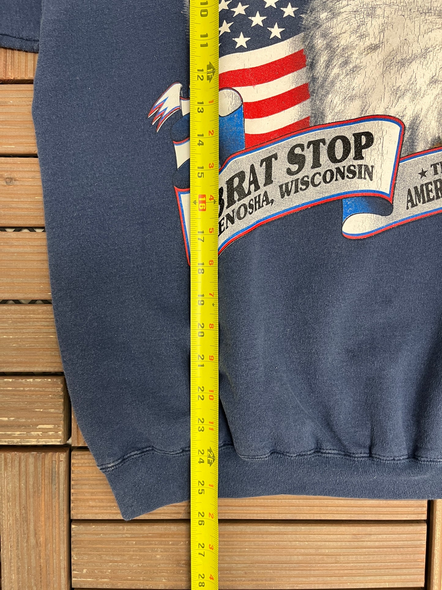 Brat Stop Kenosha, Wisconsin Bald Eagle Graphic Crewneck | Size Medium | Vintage 1990s Promotional Blue Sweater |