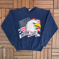 Brat Stop Kenosha, Wisconsin Bald Eagle Graphic Crewneck | Size Medium | Vintage 1990s Promotional Blue Sweater |