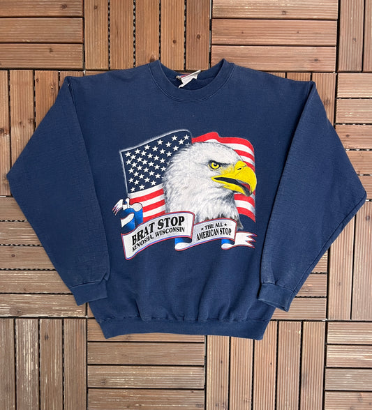 Brat Stop Kenosha, Wisconsin Bald Eagle Graphic Crewneck | Size Medium | Vintage 1990s Promotional Blue Sweater |