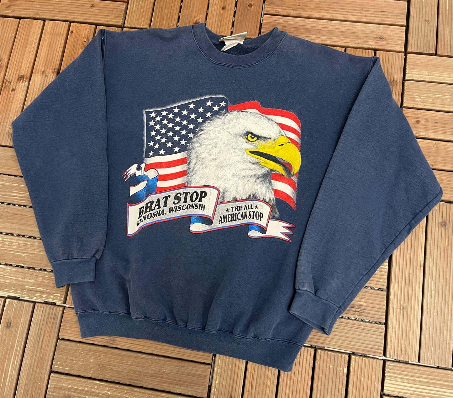 Brat Stop Kenosha, Wisconsin Bald Eagle Graphic Crewneck | Size Medium | Vintage 1990s Promotional Blue Sweater |