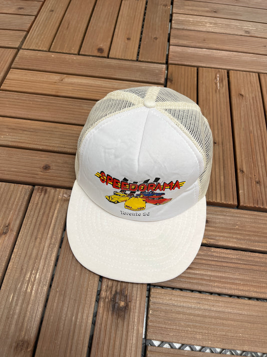 Speedorama Toronto '86 Graphic Hat | Snap Back | Vintage 1980s Promotional White Trucker Cap |