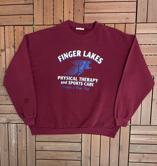 Finger Lakes Physical Therapy and Sports Care Graphic Crewneck | Size Large | Vintage 2000s Promotional Red Sweater |