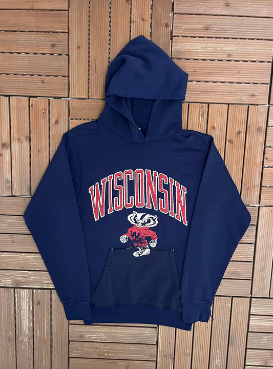 Wisconsin Badgers Graphic Hoodie | Size Medium | Vintage 1990s College Sports Blue Sweater |