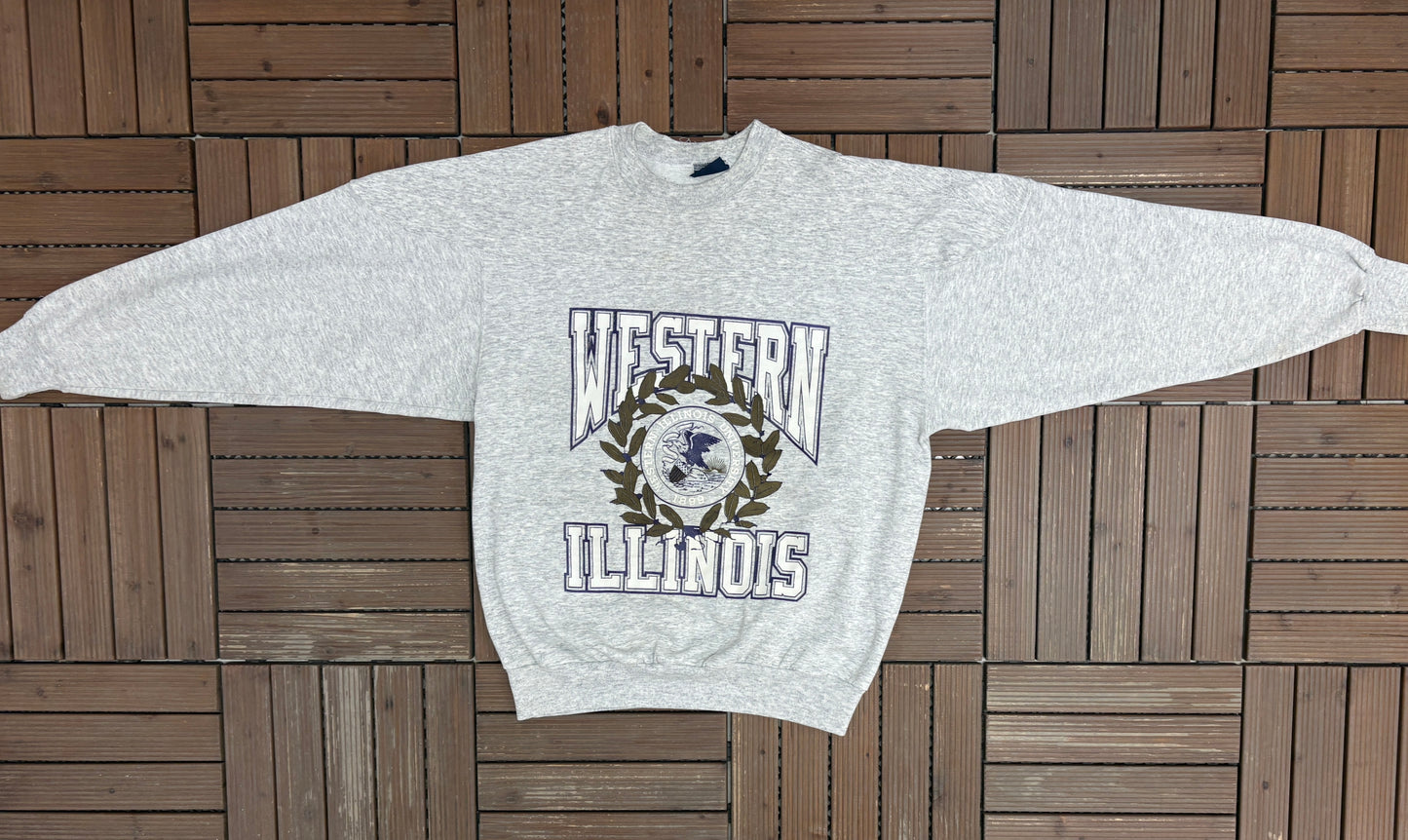 Western Illinois Leathernecks Graphic Crewneck | Size Large | Vintage 1990s College Grey Sweater |