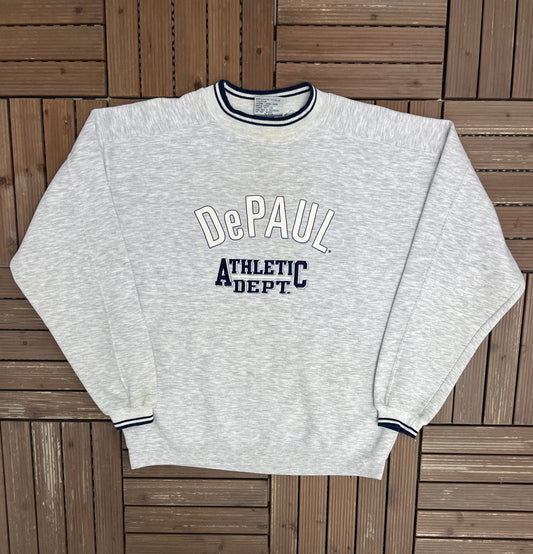 DePaul Blue Demons Athletic Dept. Graphic Crewneck | Size X-Large | Vintage 1990s College Sports Grey Sweater |