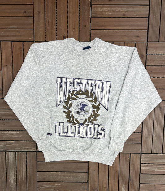 Western Illinois Leathernecks Graphic Crewneck | Size Large | Vintage 1990s College Grey Sweater |