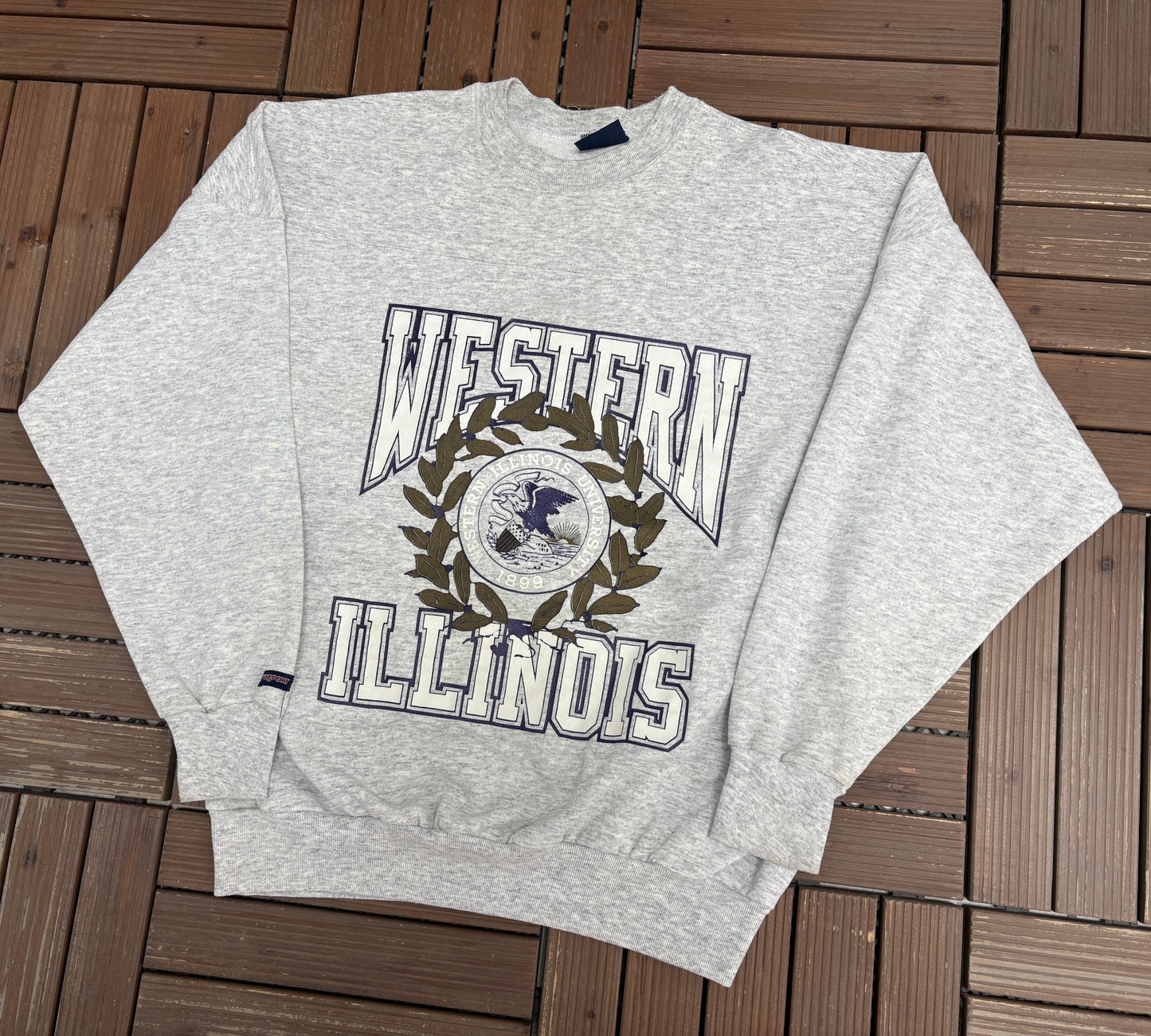 Western Illinois Leathernecks Graphic Crewneck | Size Large | Vintage 1990s College Grey Sweater |