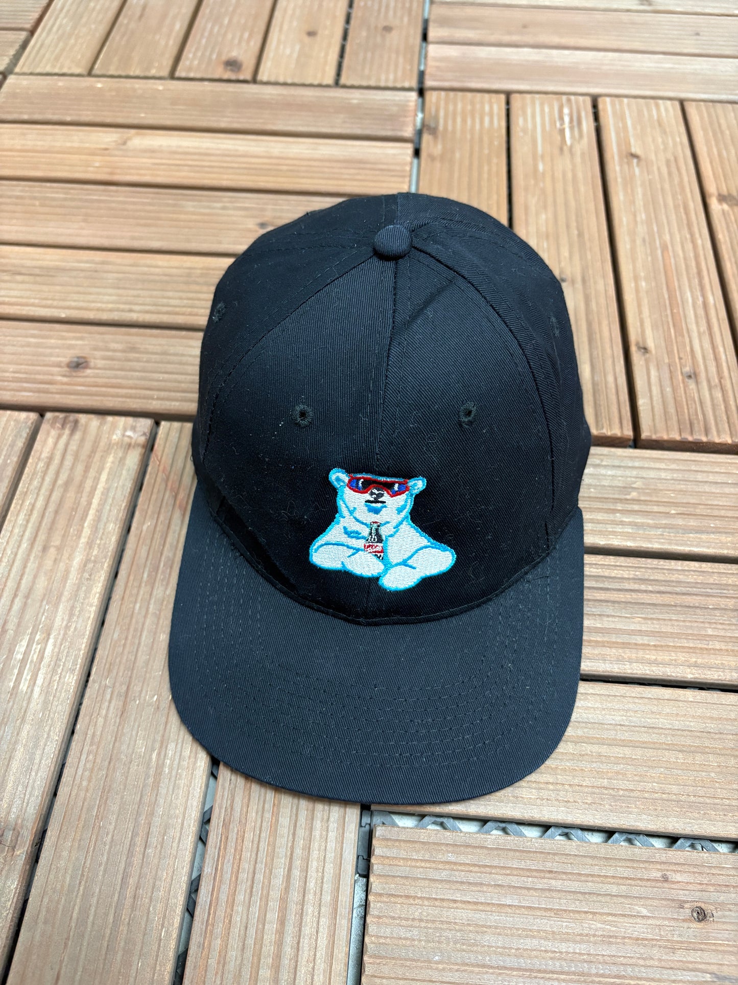 Coca-Cola Polar Bear Embroidered Graphic Hat | Snap Back | Vintage 1990s Promotional Black Cap |