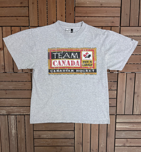 Team Canada Hockey Graphic Tee | Size Large | Vintage 2000s Hockey Grey T-Shirt |