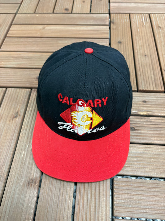Calgary Flames Embroidered Graphic Hat | Snap Back | Vintage 1990s NHL Hockey Black Cap |