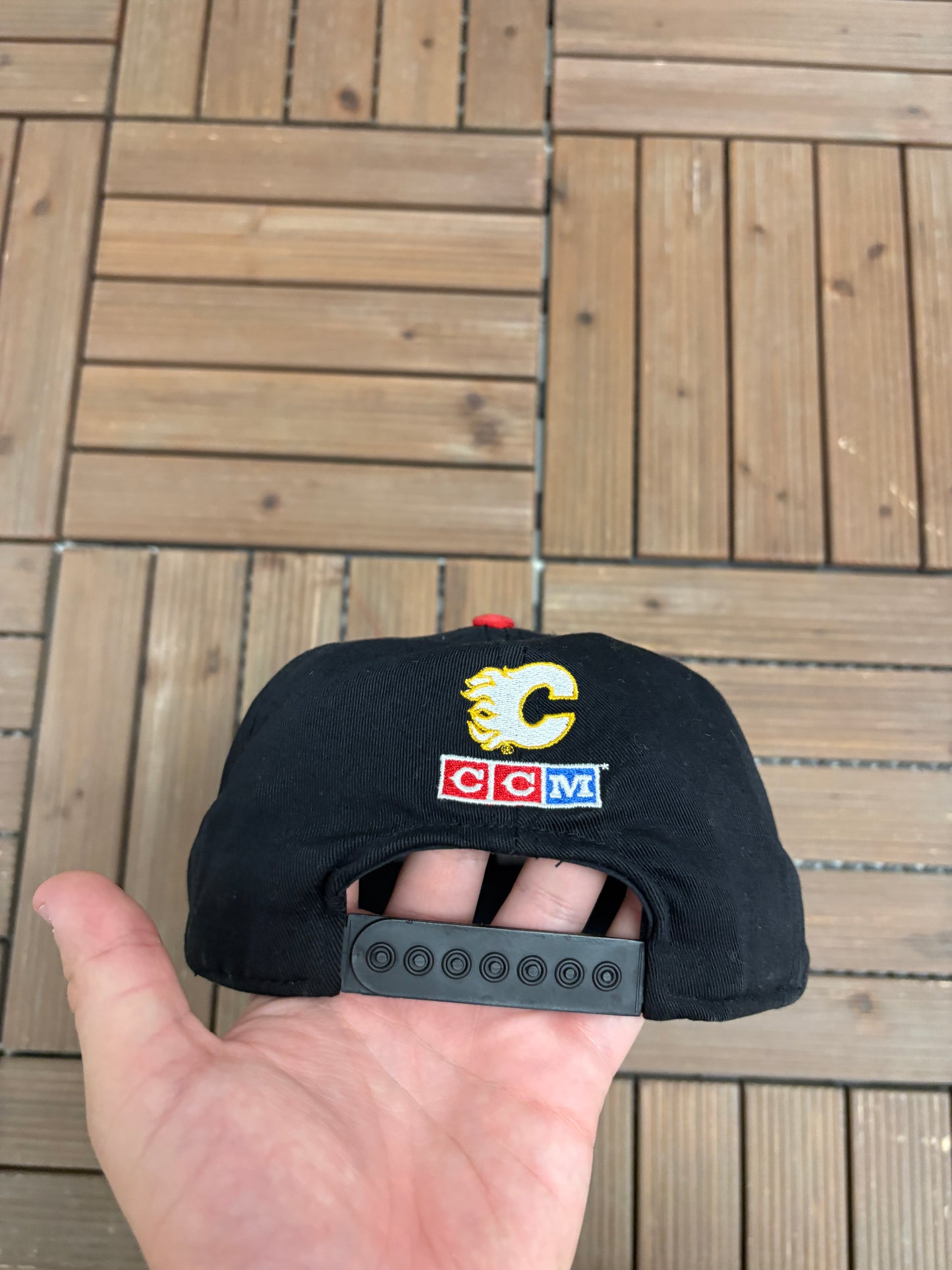Calgary Flames Embroidered Graphic Hat | Snap Back | Vintage 1990s NHL Hockey Black Cap |