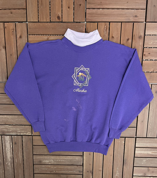 Alaska Embroidered Graphic Turtleneck | Size Medium | Vintage 1990s Tourist Promotional Purple Sweater |