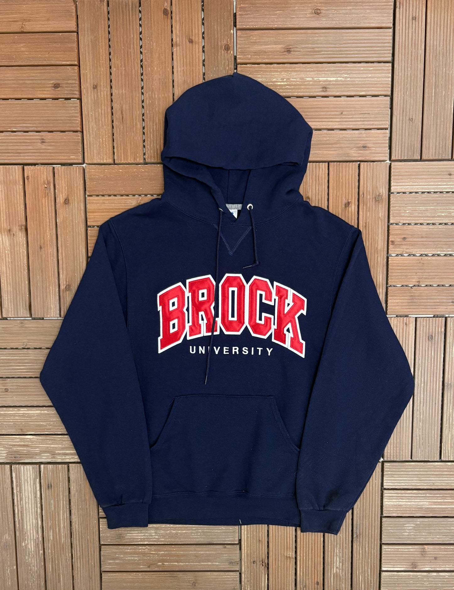 Brock University Embroidered Graphic Hoodie | Size Small | Vintage 2000s Russell College Blue Sweatshirt |
