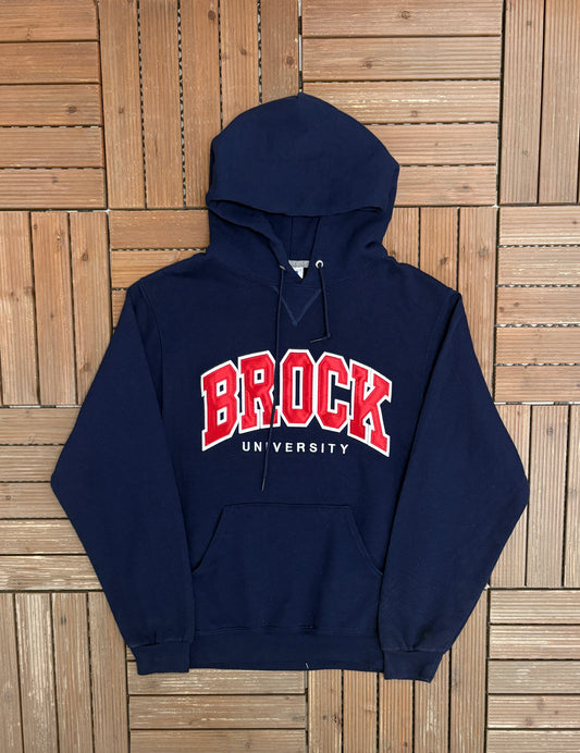 Brock University Embroidered Graphic Hoodie | Size Small | Vintage 2000s Russell College Blue Sweatshirt |