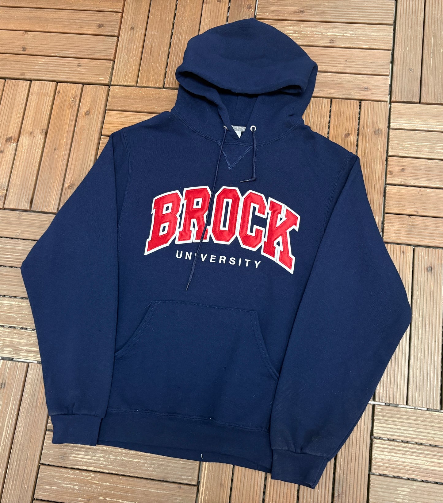 Brock University Embroidered Graphic Hoodie | Size Small | Vintage 2000s Russell College Blue Sweatshirt |