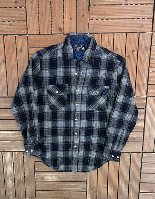JCPenney Virgin Wool Plaid Button Down Shirt | Size Large | Vintage 1980s Branded Blue Flannel |