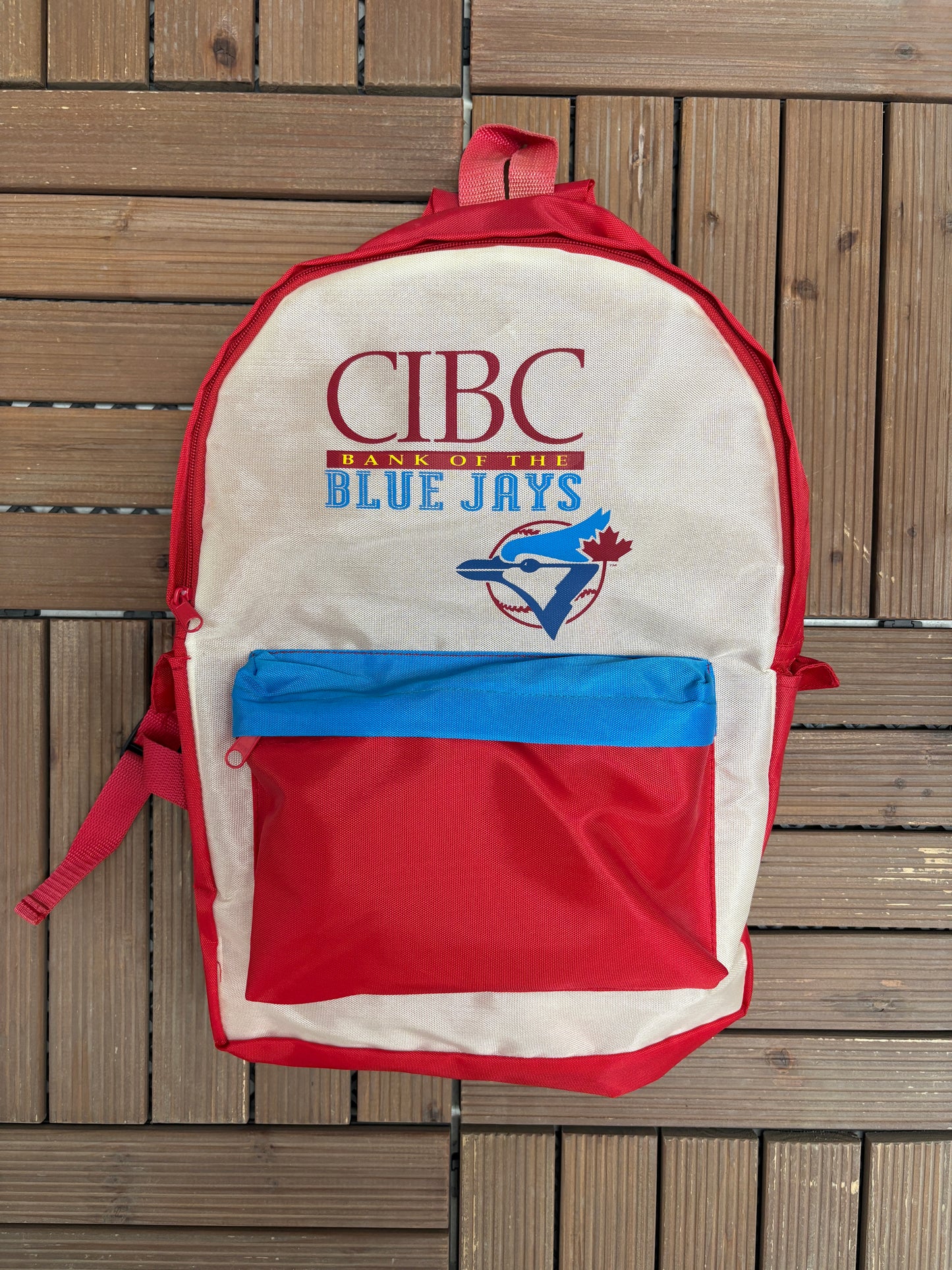 CIBC Bank Of The Toronto Blue Jays Graphic Backpack | Vintage 1980s MLB Baseball White Knapsack |