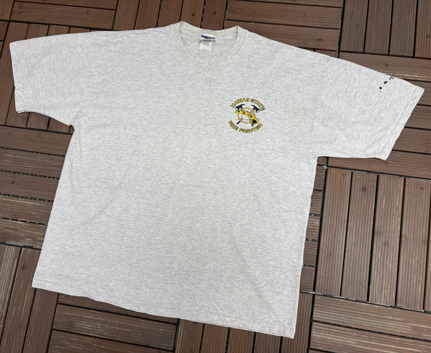 Hawaii State Fire Fighter Graphic Tee | Size X-Large | Vintage 1990s Promotional Grey T-Shirt |