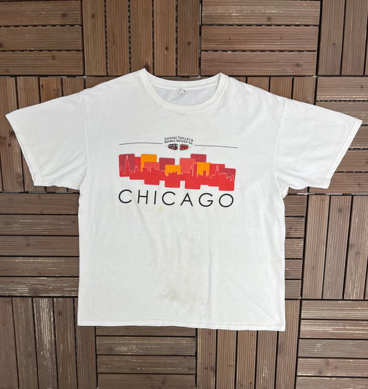 Chicago Trolley & Double Decker Co Graphic Tee | Size X-Large | Vintage 2000s Promotional White T-Shirt |