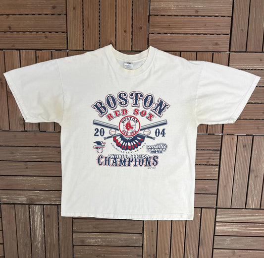 Boston Red Sox 2004 World Series Champions Graphic Tee | Size X-Large | Vintage 2000s MLB Baseball White T-Shirt |