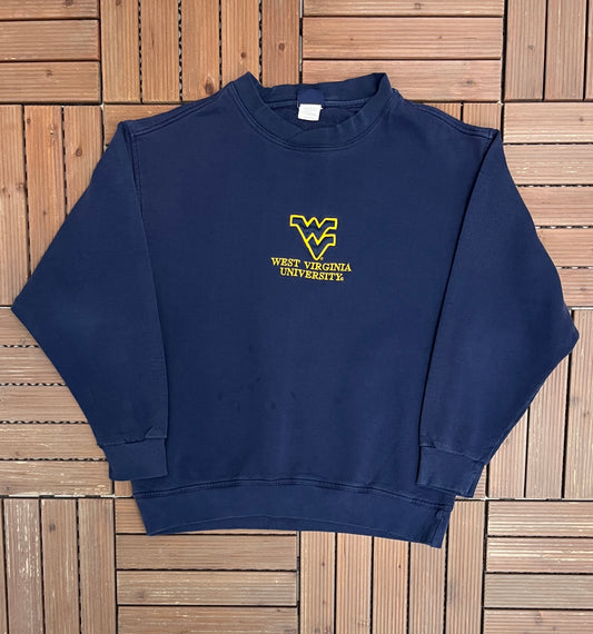 West Virginia Mountaineers Graphic Crewneck | Size Large | Vintage 1990s College Sports Blue Sweater |