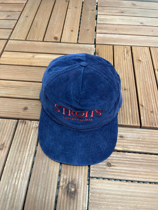 Stroh's Fire Brewed Beer Graphic Hat | Snap Back | Vintage 1990s Promotional Cord Blue Cap |