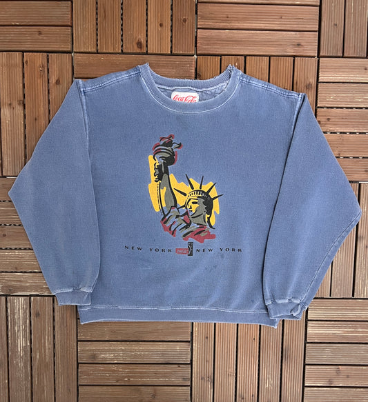 Coca-Cola New York, New York Graphic Crewneck | Size Small | Vintage 1990s Promotional Blue Sweater |