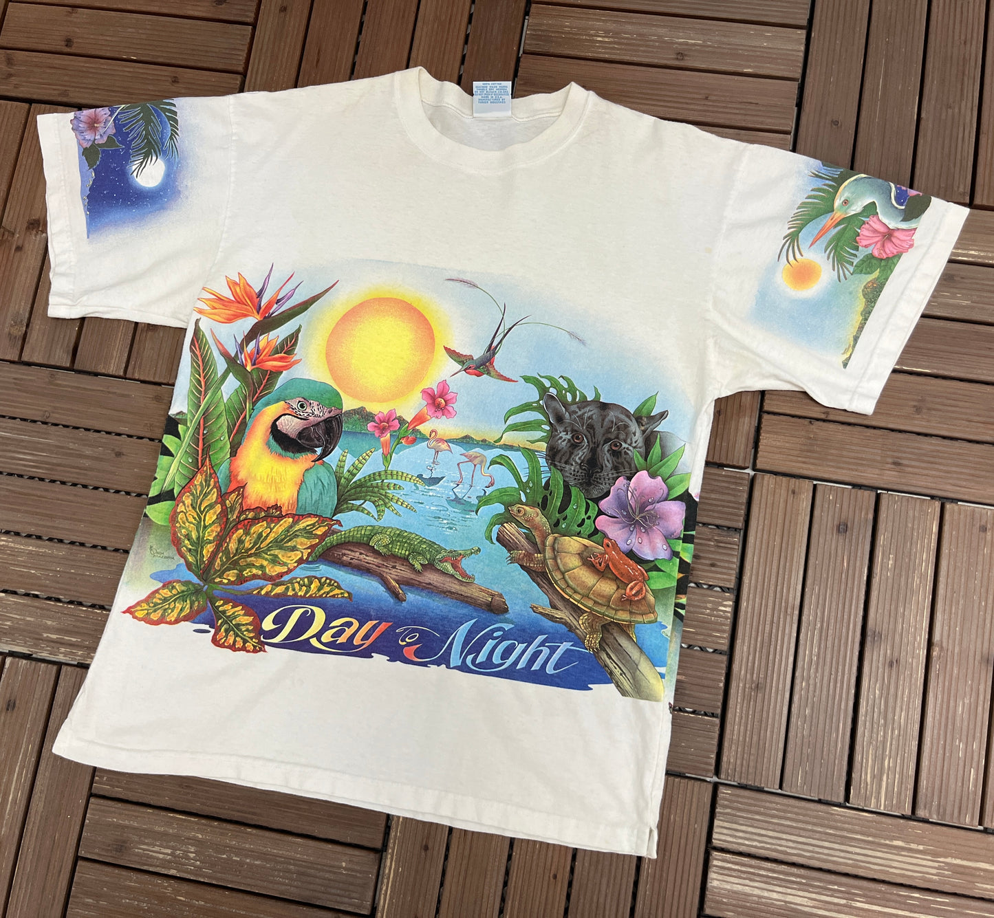 Caribbean Soul Day To Night Graphic Tee | One Size | Vintage 1990s Scenic White T-Shirt |